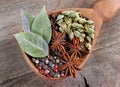 dry cloves, anise stars, cardamom, mixture of peppers and bay leaf in a wooden spoon. Royalty Free Stock Photo