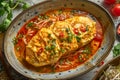 Traditional Spicy Tomato Soup with Herb and Cheese Garnished Omelettes in Rustic Bowl on Wooden Table Royalty Free Stock Photo