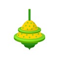 Traditional spinning top with polka dot pattern. Bright yellow-green plastic whirligig. Flat vector icon