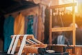 Traditional spinning wheel machine for making natural silk from silkworm