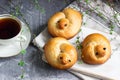 Traditional spring bird-shaped lean buns coated with sweet syrup