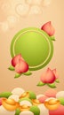 Traditional spring festival oriental banner green round shapes template, gold ingot, pink peaches of longevity. Vector stock