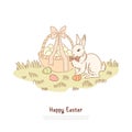 Traditional spring holiday celebration, fluffy paschal rabbit with bow tie, decorated eggs hunting banner