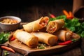 Traditional spring rolls on a wooden rustic table. Asin cousine concept. Generative AI