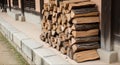 Traditional Stacked Firewood Logs Against Korean Hanok Building Wall Royalty Free Stock Photo