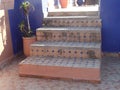 Traditional steps on a typical roof top terrace in Essaouira, Morocco