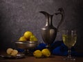 Traditional still life with an jug, wine and pears Royalty Free Stock Photo