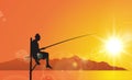 Traditional Stilt Fishing Method, Fisherman In Sri Lanka Under Sunset Royalty Free Stock Photo