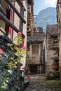 Traditional stone houses and narrow lanes in the half deserted village Corippo