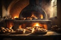 traditional stone oven with bread baking on a hearth. ai generative Royalty Free Stock Photo
