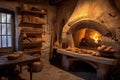 traditional stone oven with bread baking on a hearth Royalty Free Stock Photo