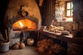 traditional stone oven with bread baking on a hearth Royalty Free Stock Photo