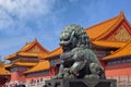 A stone lion placed in front of the internal gates of the Palace Museum Forbidden City in Beijing, China. Royalty Free Stock Photo