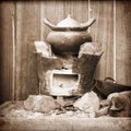 Traditional stove and pottery in Thai kitchen; Vintage Style Royalty Free Stock Photo