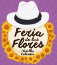 Traditional Straw Arriero Hat with Daisies for Colombian Flowers Festival, Vector Illustration