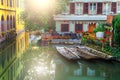 Traditional street with harbor in Colmar touristic town, France Royalty Free Stock Photo