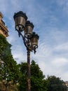 Traditional Street lantern, isolated. Beautiful wrought iron lamps in the streets of Paris City, France Royalty Free Stock Photo