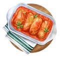 Traditional stuffed cabbage with minced meat and rice. Watercolor illustration