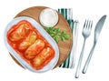Traditional stuffed cabbage roll with sour cream. Watercolor illustration