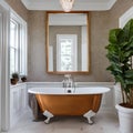17 A traditional-style bathroom with a mix of white and wooden finishes, a classic clawfoot tub, and a large, framed mirror2, Ge