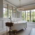 17 A traditional-style bathroom with a mix of white and wooden finishes, a classic clawfoot tub, and a large, framed mirror1, Ge