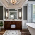 17 A traditional-style bathroom with a mix of white and wooden finishes, a classic clawfoot tub, and a large, framed mirror5, Ge