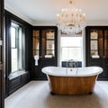 17 A traditional-style bathroom with a mix of white and wooden finishes, a classic clawfoot tub, and a large, framed mirror3, Ge