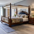 13 A traditional-style bedroom with a mix of wooden and floral finishes, a classic four-poster bed, and a mix of patterned and s