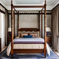 13 A traditional-style bedroom with a mix of wooden and floral finishes, a classic four-poster bed, and a mix of patterned and s