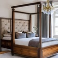 13 A traditional-style bedroom with a mix of wooden and floral finishes, a classic four-poster bed, and a mix of patterned and s