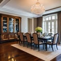 13 A traditional-style dining room with a mix of wooden and upholstered finishes, a classic chandelier, and a large, formal dini
