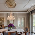 8 A traditional-style dining room with a mix of wooden and upholstered finishes, a classic chandelier, and a large, formal dinin