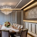 5 A traditional-style dining room with a mix of wooden and upholstered finishes, a classic chandelier, and a large, formal dinin