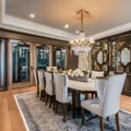 8 A traditional-style dining room with a mix of wooden and upholstered finishes, a classic crystal chandelier, and a large, form