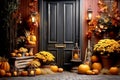 Traditional style front porch decorated Different coloured pumpkins for autumn holidays, giving an inviting atmosphere