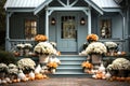 Traditional style front porch decorated Different coloured pumpkins for autumn holidays, giving an inviting atmosphere