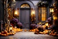 Traditional style front porch decorated Different coloured pumpkins for autumn holidays, giving an inviting atmosphere