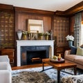 5 A traditional-style living room with a mix of upholstered and wooden furniture, a classic fireplace mantle, and a mix of patte Royalty Free Stock Photo