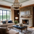 5 A traditional-style living room with a mix of upholstered and wooden furniture, a classic fireplace mantle, and a mix of patte Royalty Free Stock Photo