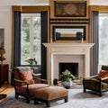 5 A traditional-style living room with a mix of upholstered and wooden furniture, a classic fireplace mantle, and a mix of patte Royalty Free Stock Photo