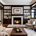 10 A traditional-style living room with a mix of wooden and upholstered finishes, a classic fireplace mantle, and a mix of patte Royalty Free Stock Photo