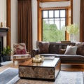 8 A traditional-style living room with a mix of wooden and upholstered finishes, a classic fireplace mantle, and a mix of patter Royalty Free Stock Photo