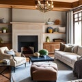 17 A traditional-style living room with a mix of wooden and upholstered finishes, a classic fireplace mantle, and a mix of patte Royalty Free Stock Photo