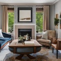 8 A traditional-style living room with a mix of wooden and upholstered finishes, a classic fireplace mantle, and a mix of patter Royalty Free Stock Photo