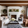 17 A traditional-style living room with a mix of wooden and upholstered finishes, a classic fireplace mantle, and a mix of patte Royalty Free Stock Photo