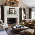 17 A traditional-style living room with a mix of wooden and upholstered finishes, a classic fireplace mantle, and a mix of patte Royalty Free Stock Photo