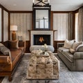 17 A traditional-style living room with a mix of wooden and upholstered finishes, a classic fireplace mantle, and a mix of patte Royalty Free Stock Photo