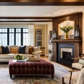 17 A traditional-style living room with a mix of wooden and upholstered finishes, a classic fireplace mantle, and a mix of patte Royalty Free Stock Photo