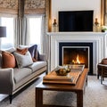 8 A traditional-style living room with a mix of wooden and upholstered finishes, a classic fireplace mantle, and a mix of patter Royalty Free Stock Photo