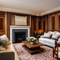 5 A traditional-style living room with a mix of wooden and upholstered furniture, a classic fireplace mantle, and a mix of patte Royalty Free Stock Photo